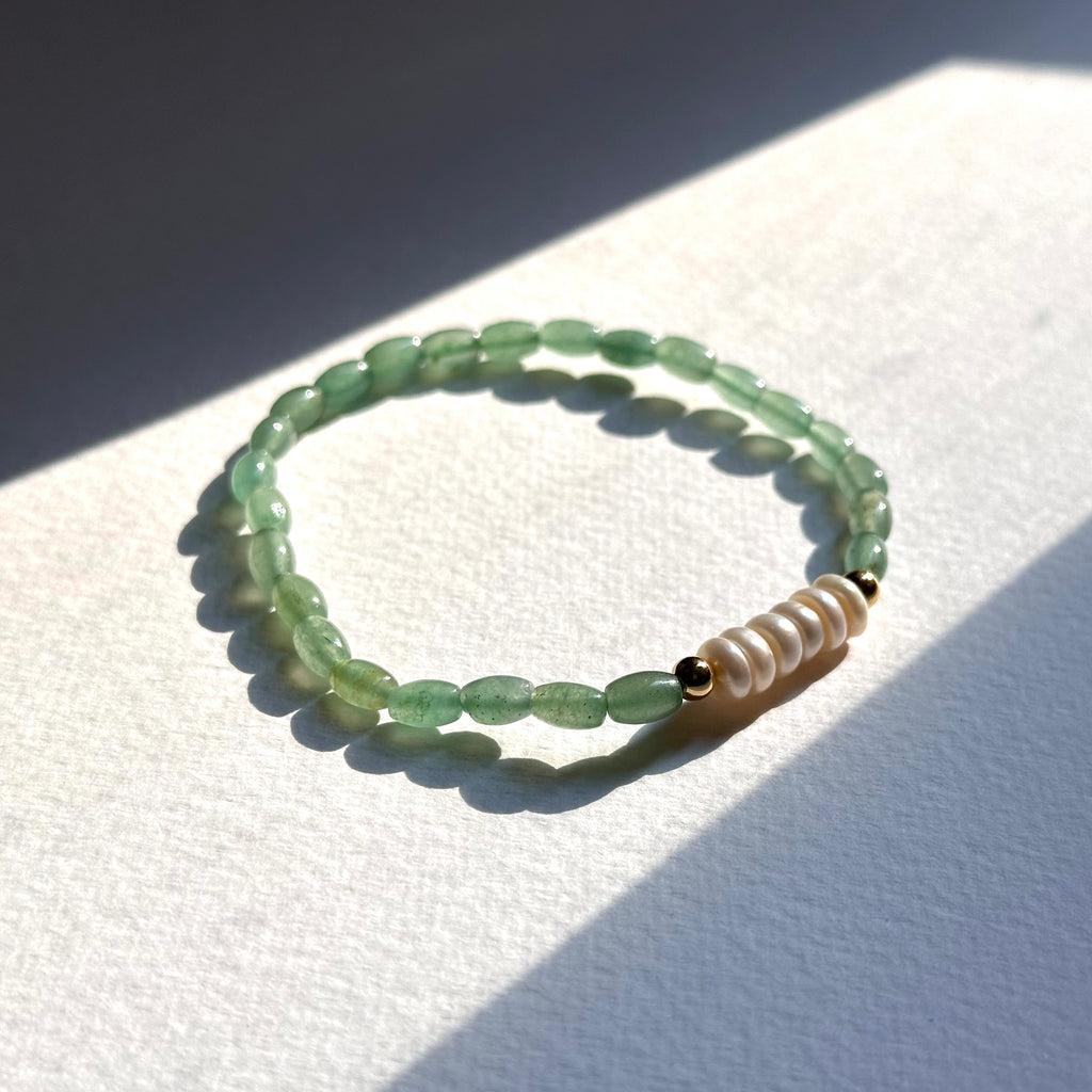 BS269 [Taurus Gemini | May] Oval Green Aventurine Freshwater Pearl 18K Simple Gold-plated Light Bracelet