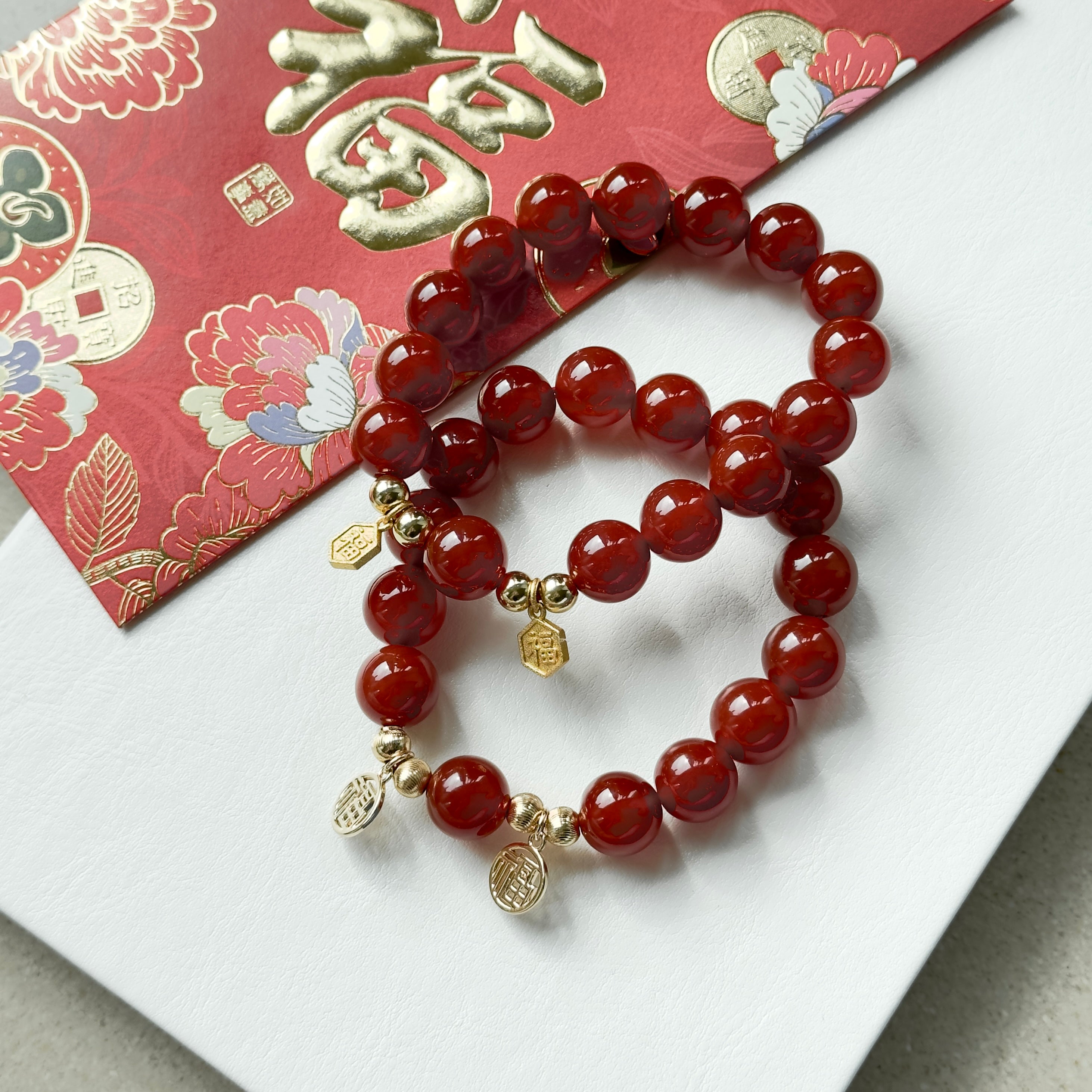 BS62【2025蛇年迎福來】紅瑪瑙 •「六角福」14K金配飾手鏈手串