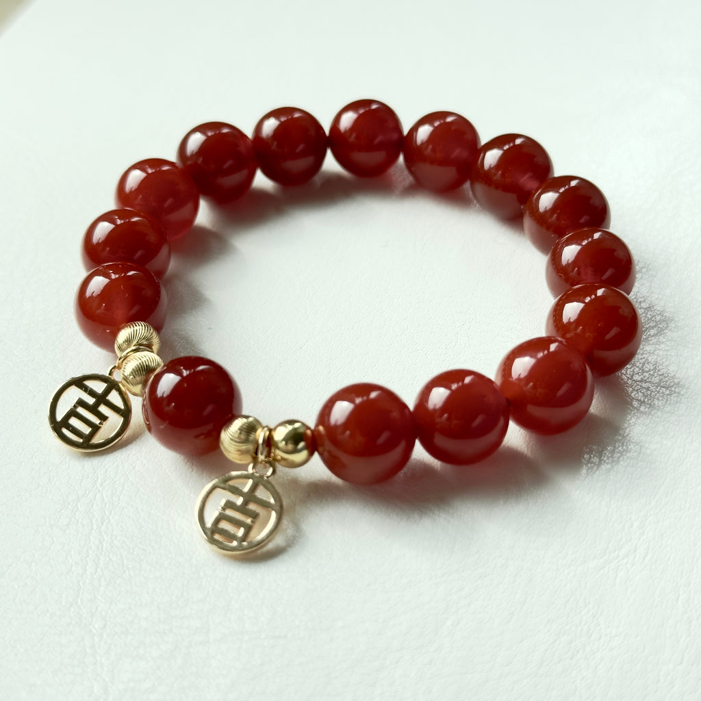 BS63【大吉大利 吉祥如意】紅瑪瑙 •「吉」14K金配飾手鏈手串