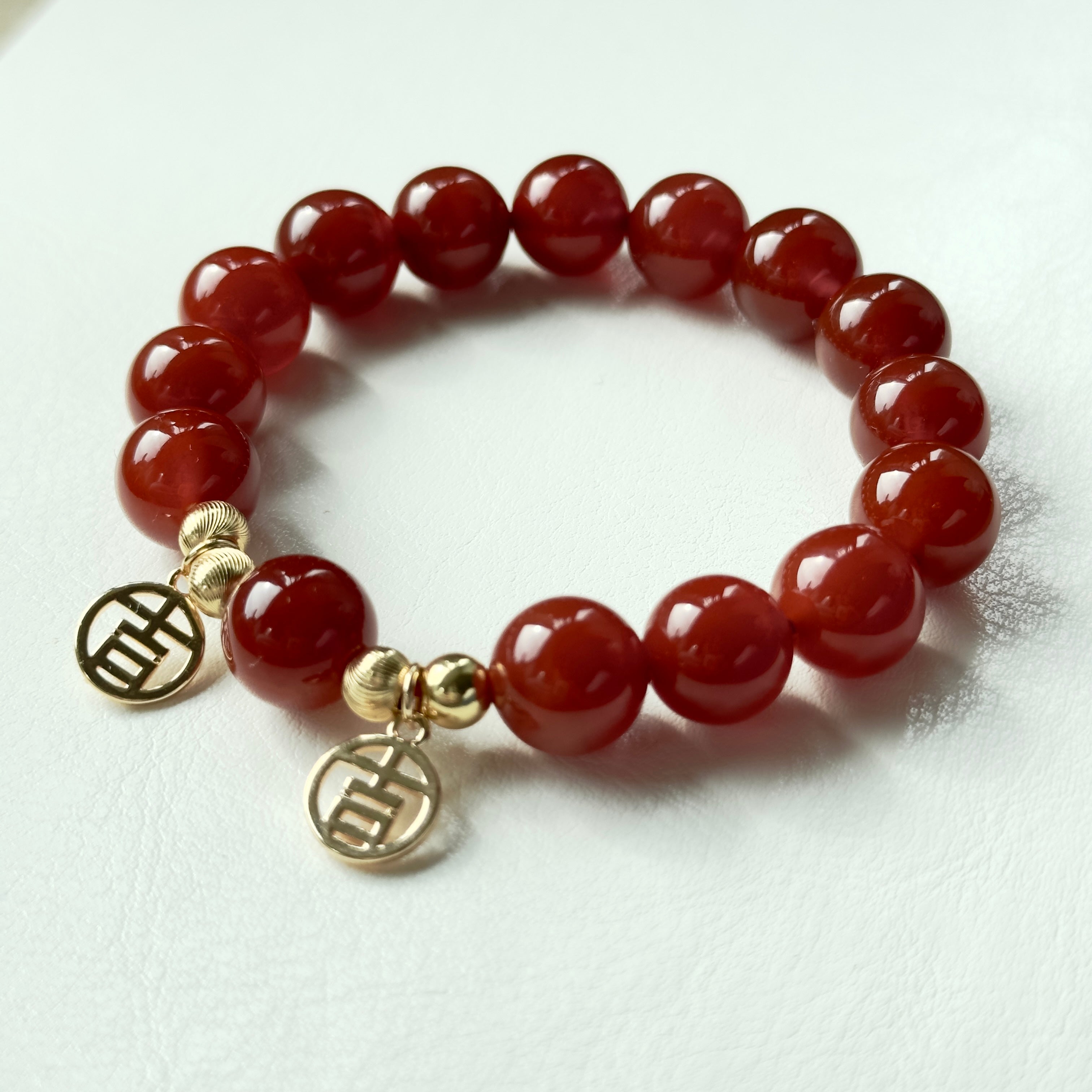 BS63【大吉大利 吉祥如意】紅瑪瑙 •「吉」14K金配飾手鏈手串