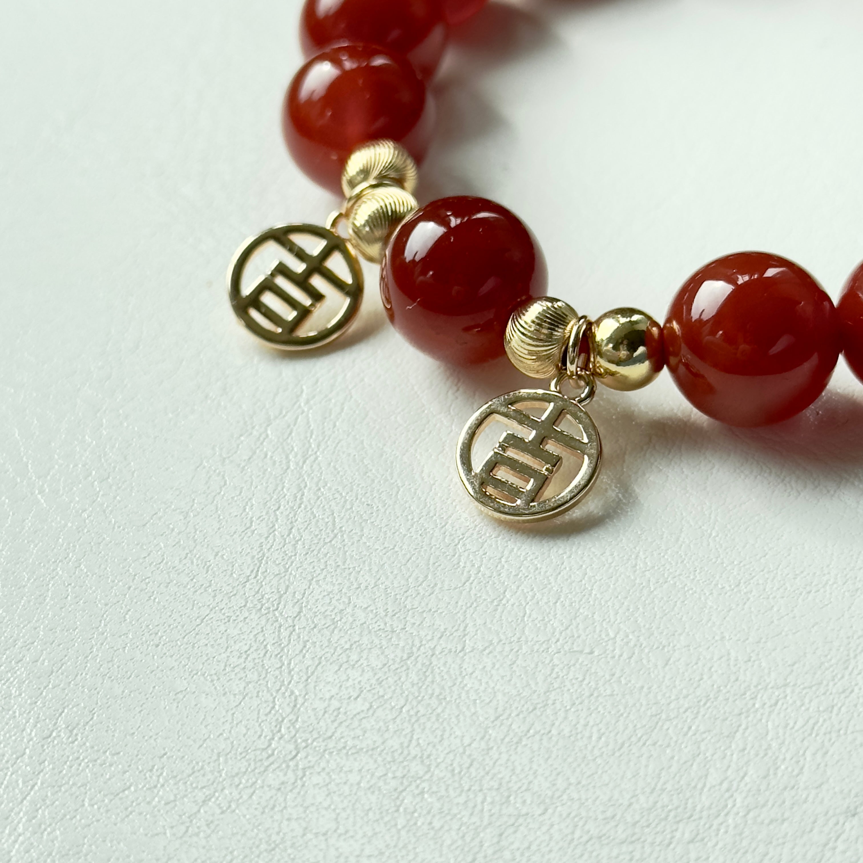 BS63【大吉大利 吉祥如意】紅瑪瑙 •「吉」14K金配飾手鏈手串