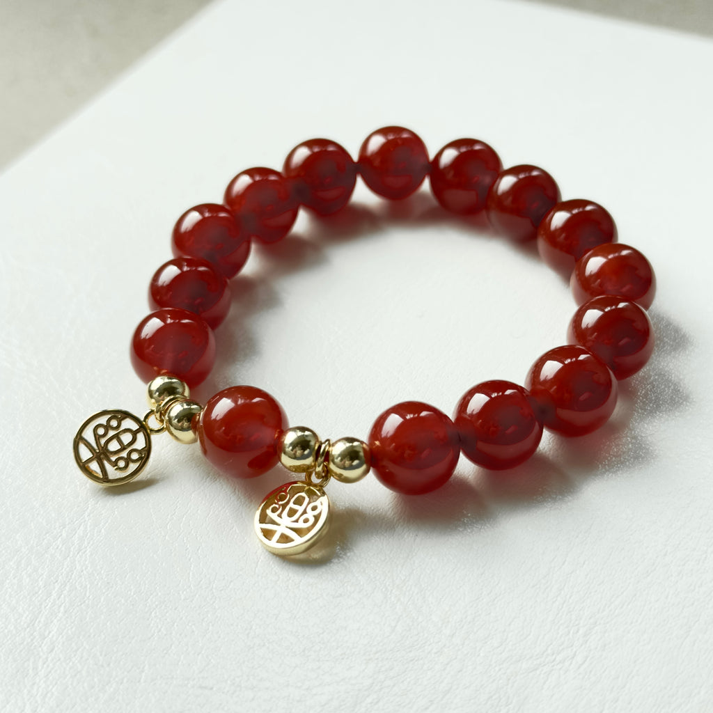 BS64【快樂常在 萬事如意】紅瑪瑙 •「樂」14K金配飾手鏈手串