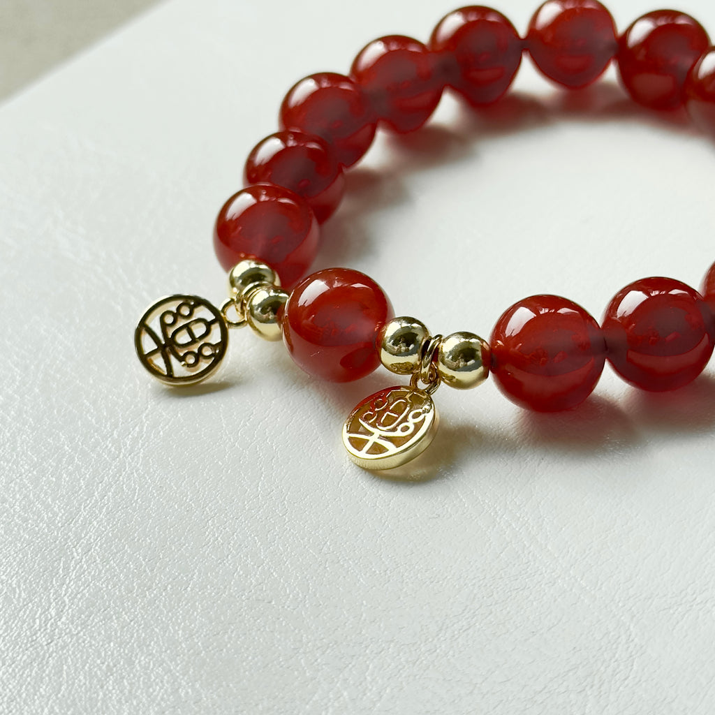 BS64【快樂常在 萬事如意】紅瑪瑙 •「樂」14K金配飾手鏈手串