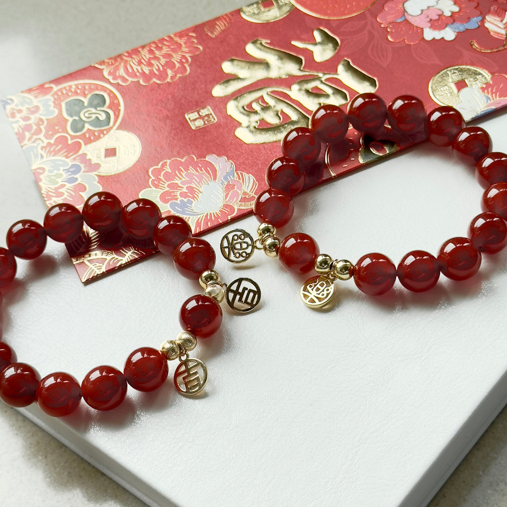 BS63【大吉大利 吉祥如意】紅瑪瑙 •「吉」14K金配飾手鏈手串