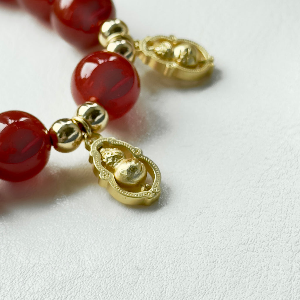 BS65【閤家平安】紅瑪瑙 • 「葫蘆」 14K金配飾手鏈手串 (葫蘆可旋轉）