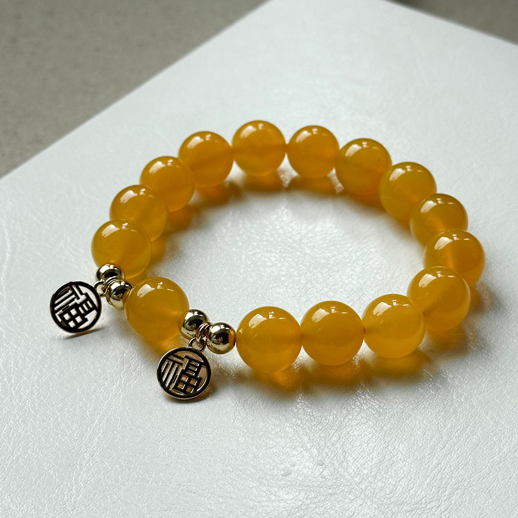 BS67 [2025 Year of the Snake Welcomes Fortune] Yellow Agate•"Fu" 14K Gold Accessory Bracelet
