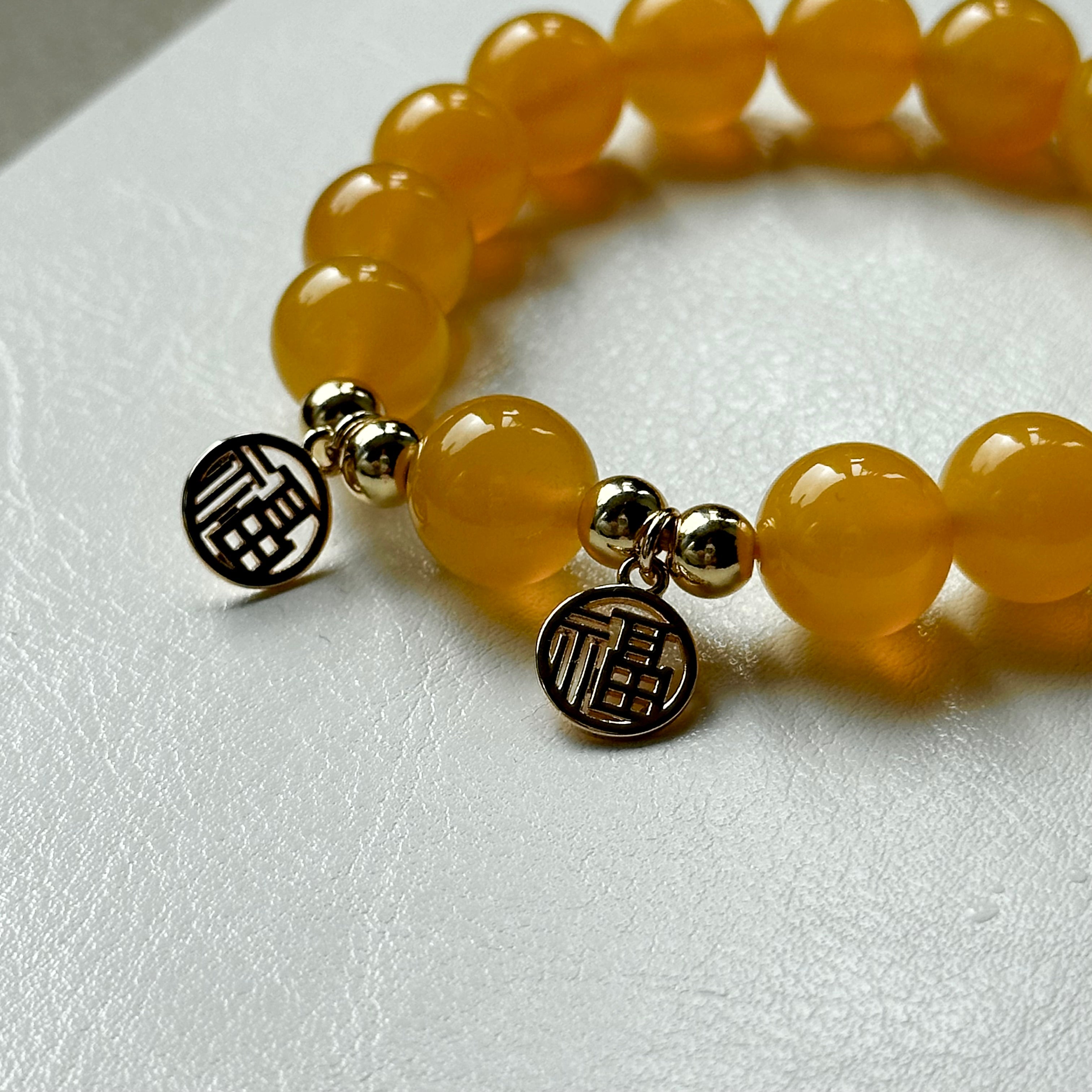 BS67 [2025 Year of the Snake Welcomes Fortune] Yellow Agate•"Fu" 14K Gold Accessory Bracelet