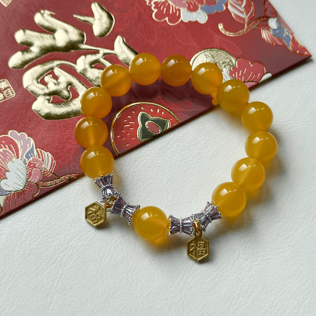 BS68 [2025 Year of the Snake Welcomes Fortune] Yellow Agate•"Hexagonal Fortune" 14K Gold Accessory Bracelet