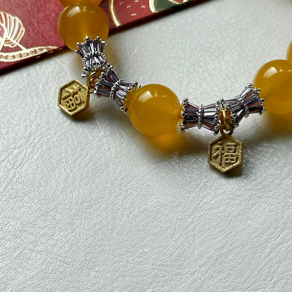 BS68 [2025 Year of the Snake Welcomes Fortune] Yellow Agate•"Hexagonal Fortune" 14K Gold Accessory Bracelet