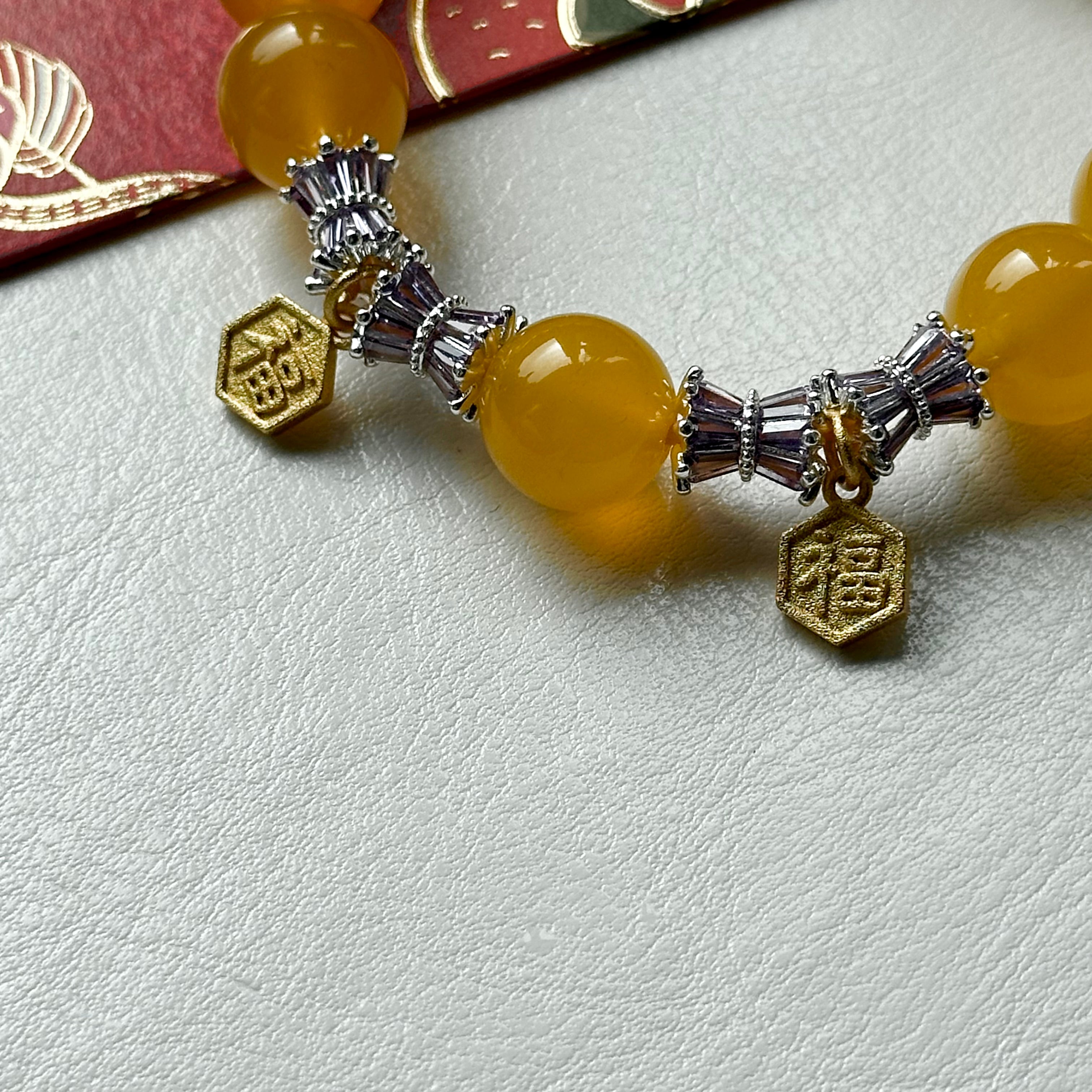 BS68 [2025 Year of the Snake Welcomes Fortune] Yellow Agate•"Hexagonal Fortune" 14K Gold Accessory Bracelet