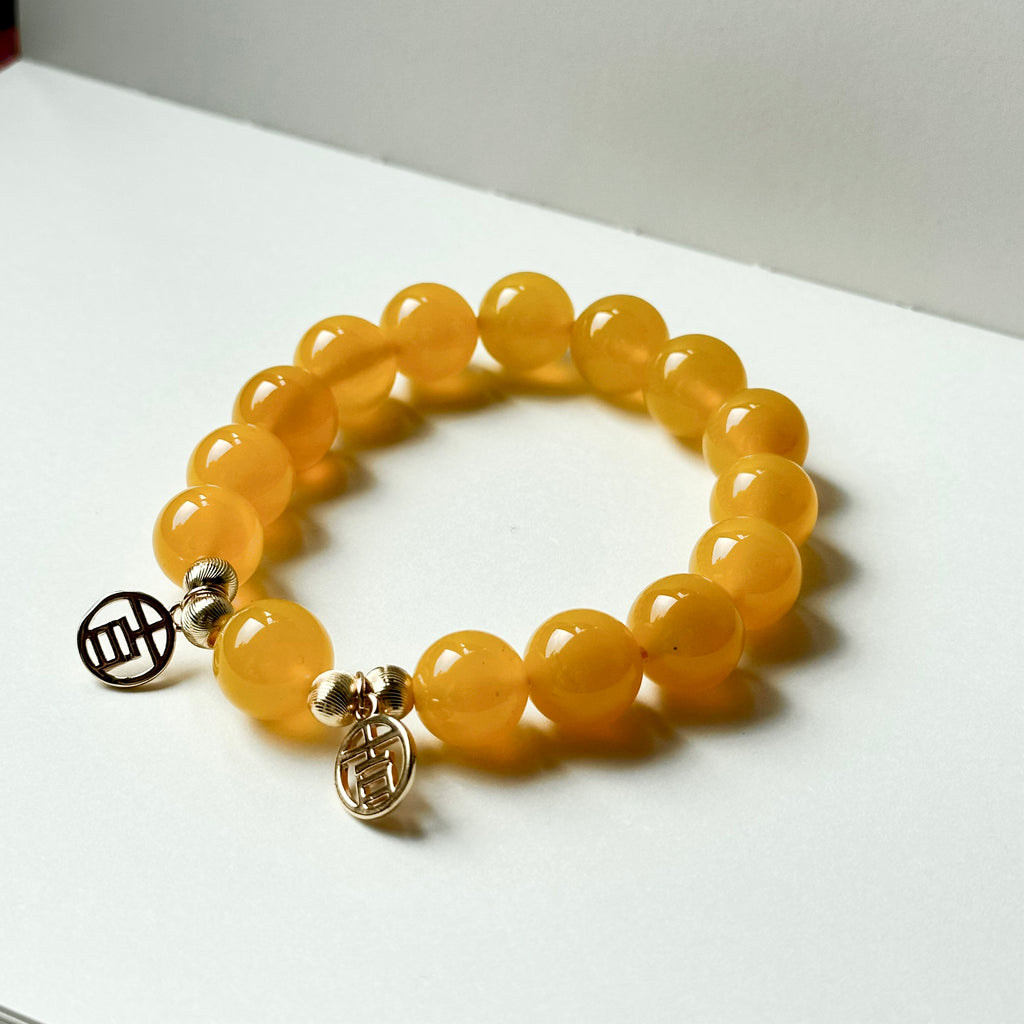 BS69 [Good Luck and Prosperity] Yellow Agate•"Ji" 14K Gold Accessory Bracelet