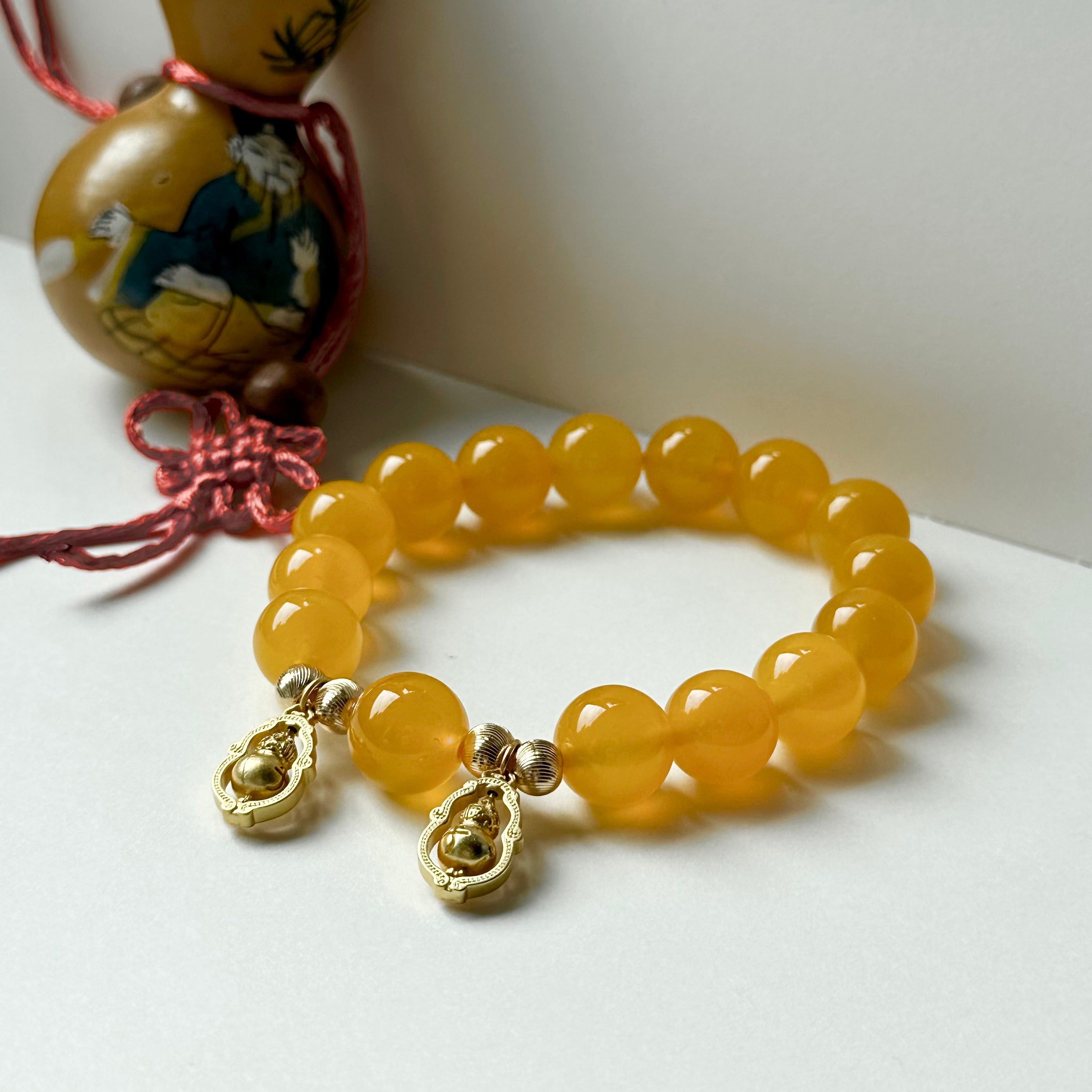 BS71 [Family Peace] Yellow Agate•"Gourd" 14K Gold Accessories Beaded Bracelet (Gourd can rotate)