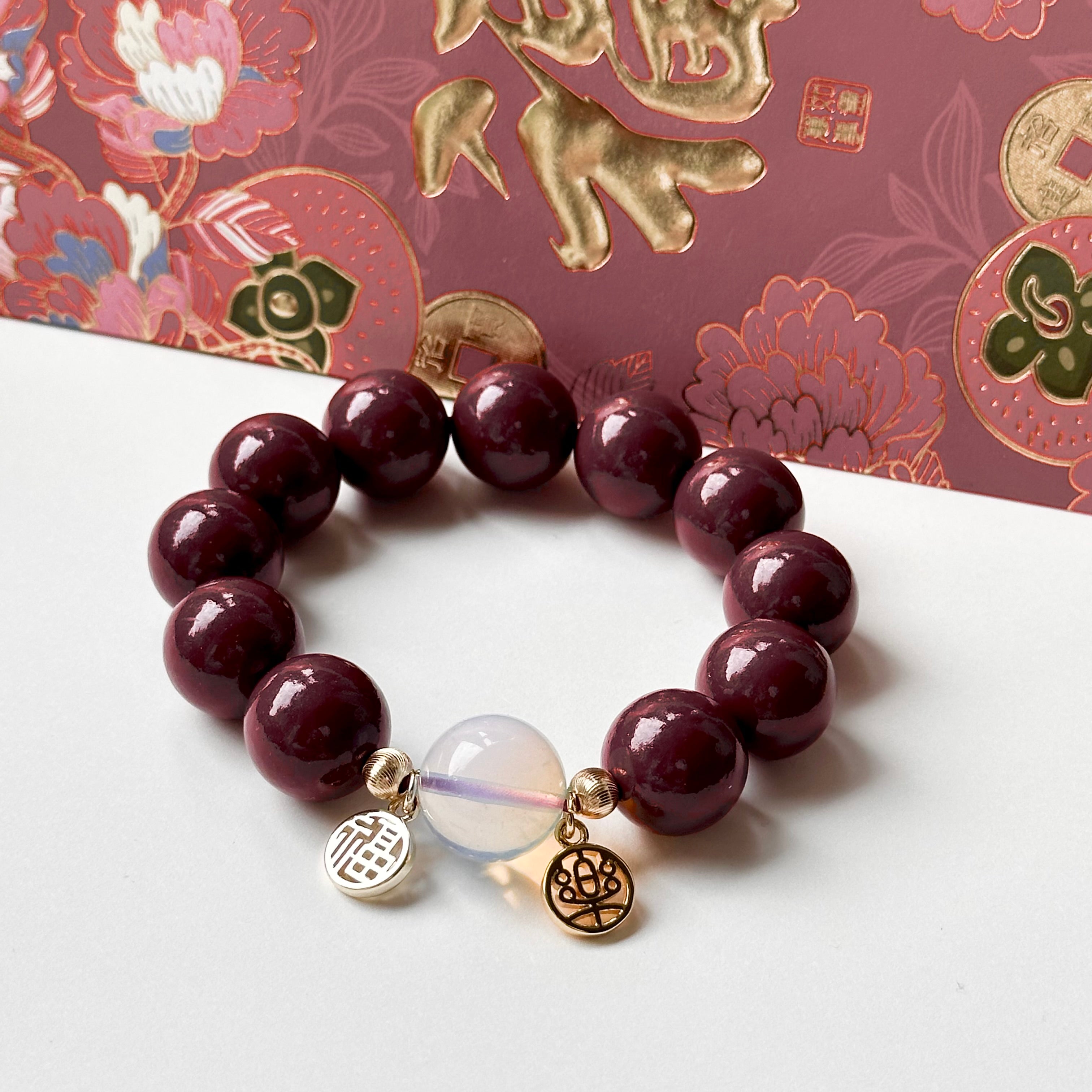 BS73【福樂常在】硃砂 • 蛋白石 •「福樂」14K金配飾手鏈手串