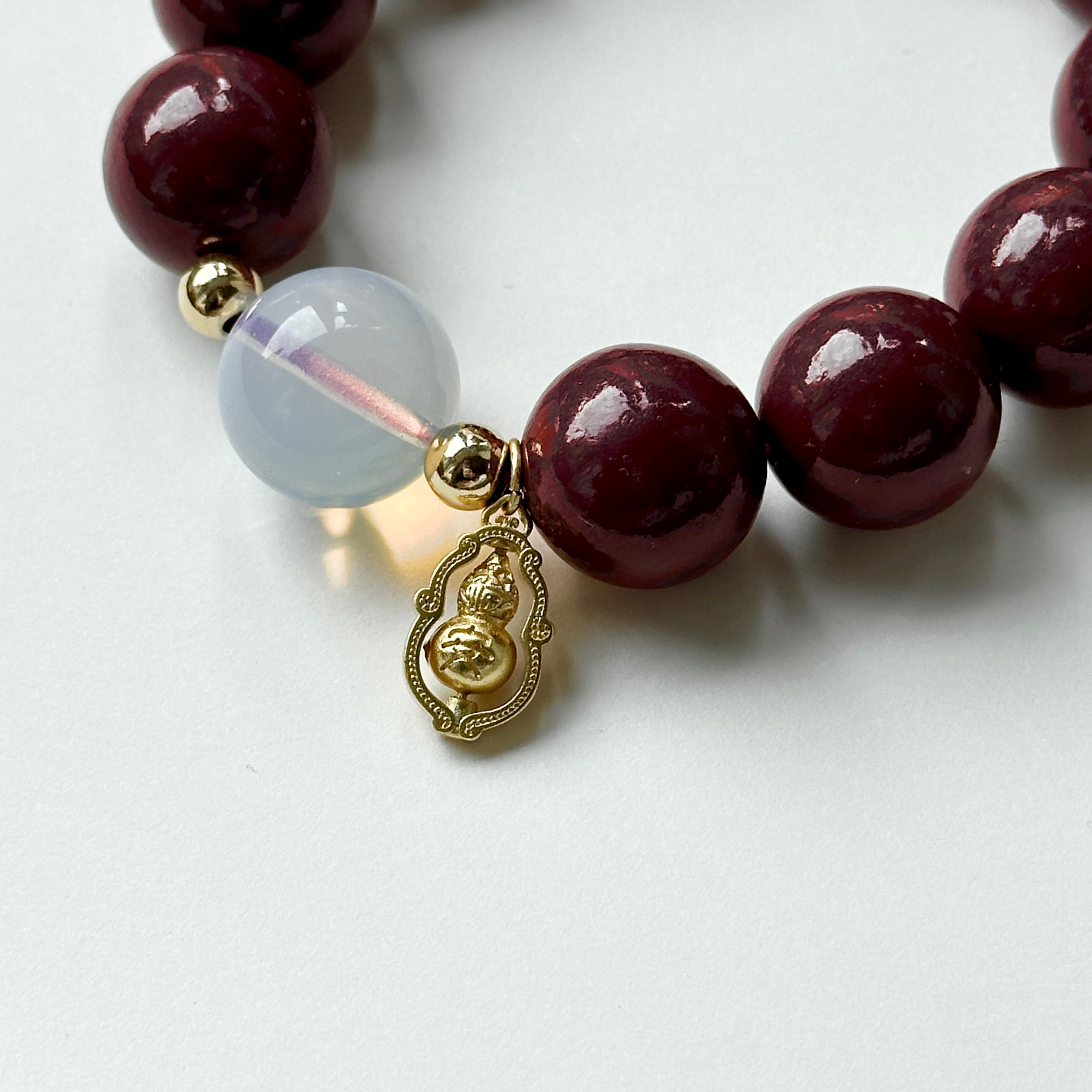 BS74【閤家平安】硃砂 • 蛋白石 •「葫蘆」 14K金配飾手鏈手串 (葫蘆可旋轉）