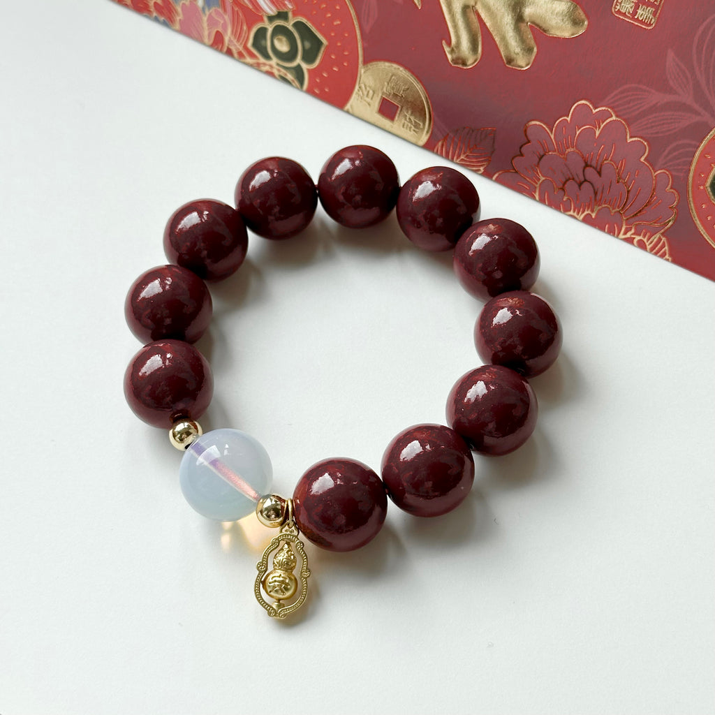 BS74【閤家平安】硃砂 • 蛋白石 •「葫蘆」 14K金配飾手鏈手串 (葫蘆可旋轉）