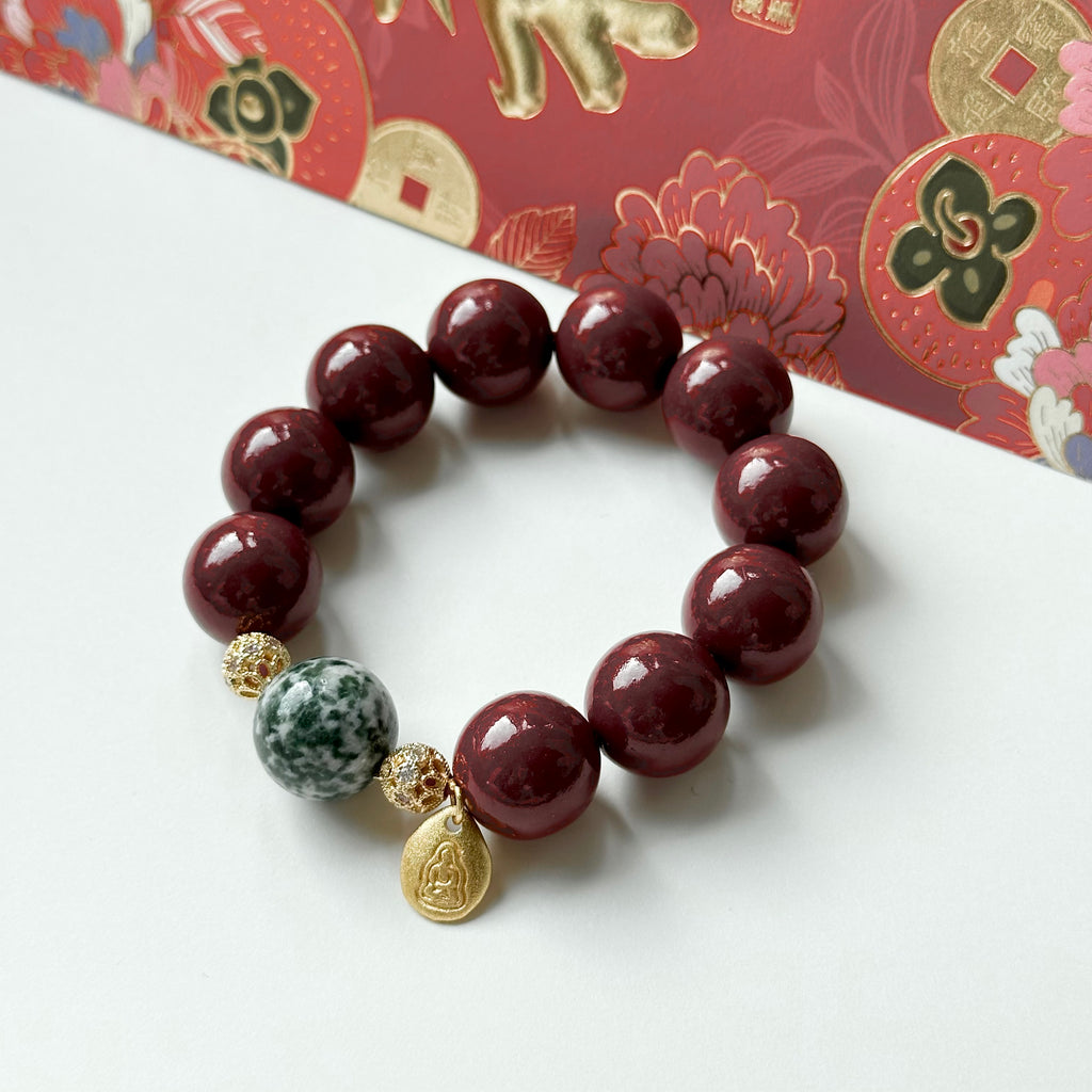 BS75 [Family Peace] Cinnabar • Green Dot Stone • "Buddha Statue" 14K Gold Accessory Bracelet
