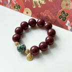 BS75 [Family Peace] Cinnabar • Green Dot Stone • "Buddha Statue" 14K Gold Accessory Bracelet