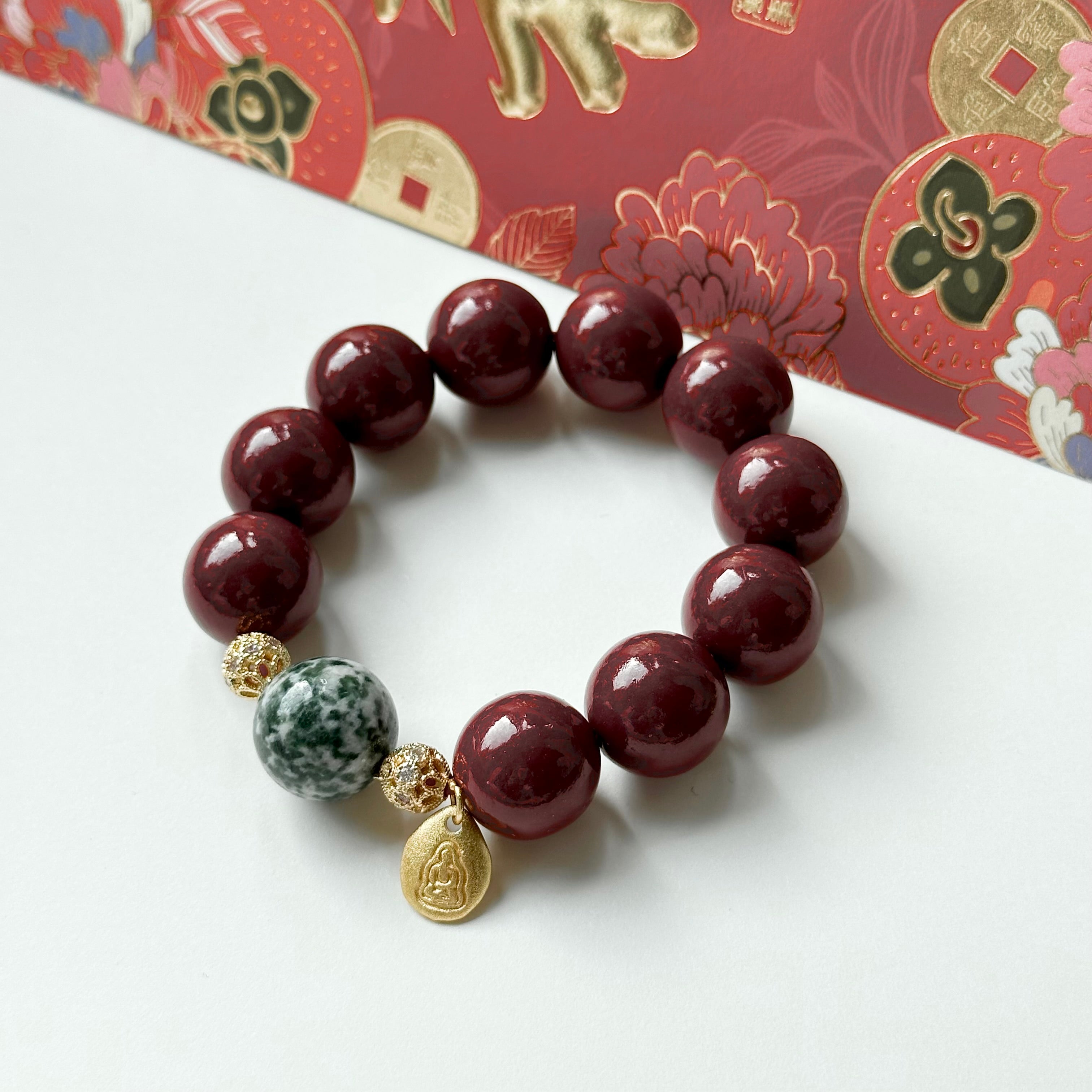 BS75 [Family Peace] Cinnabar • Green Dot Stone • "Buddha Statue" 14K Gold Accessory Bracelet