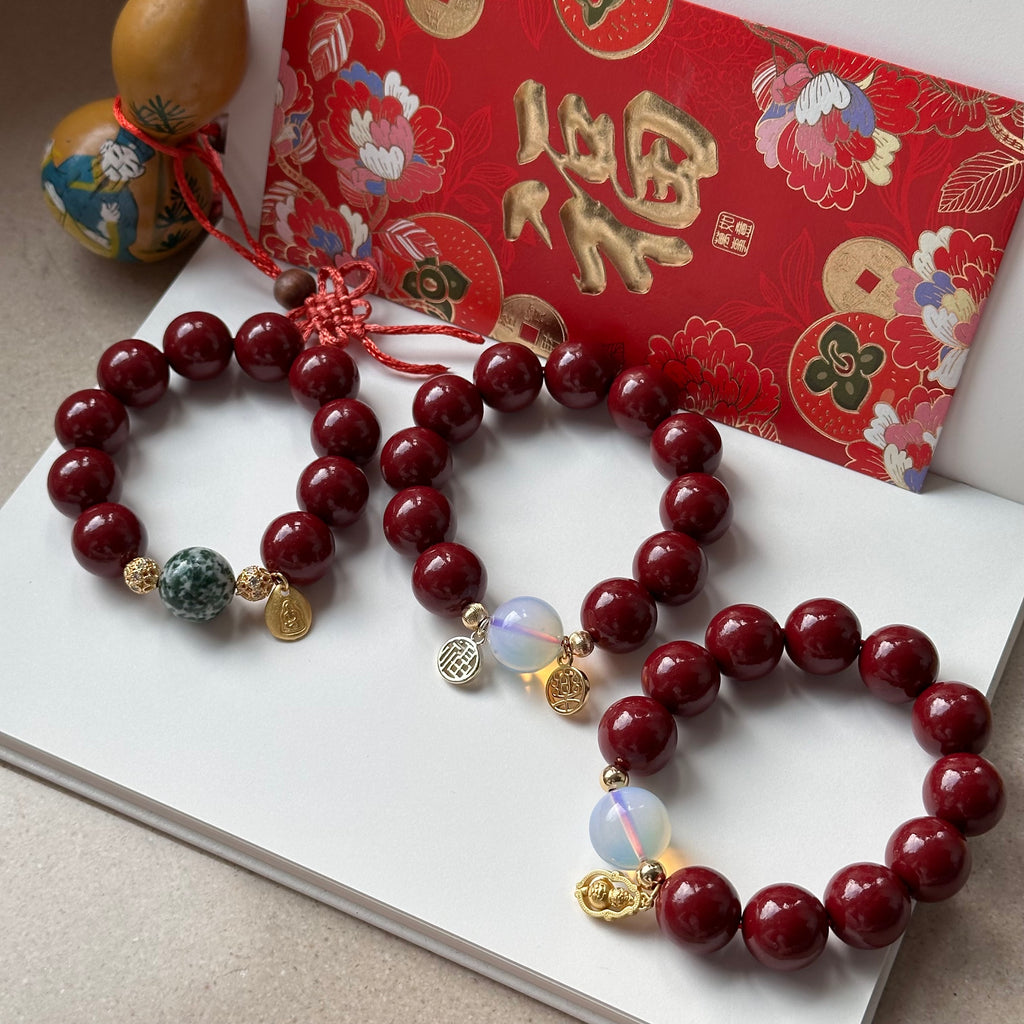 BS75 [Family Peace] Cinnabar • Green Dot Stone • "Buddha Statue" 14K Gold Accessory Bracelet