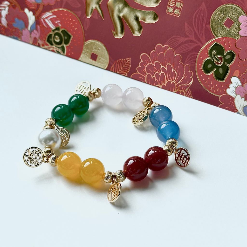 BS76 [Five Blessings] Fuleji Rainbow Agate Freshwater Pearl Gold-plated Bracelet