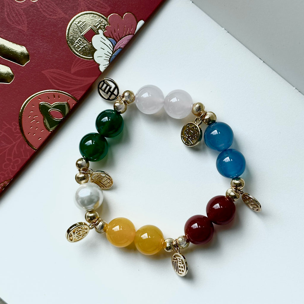 BS76 [Five Blessings] Fuleji Rainbow Agate Freshwater Pearl Gold-plated Bracelet