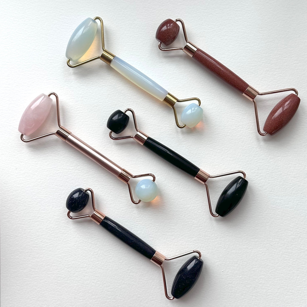 TS27 天然水晶雙頭鍍金按摩滾輪 面部身體按摩 舒緩肌肉緊繃 禮物