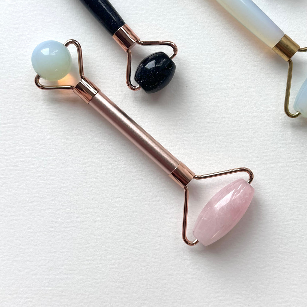 TS27 天然水晶雙頭鍍金按摩滾輪 面部身體按摩 舒緩肌肉緊繃 禮物