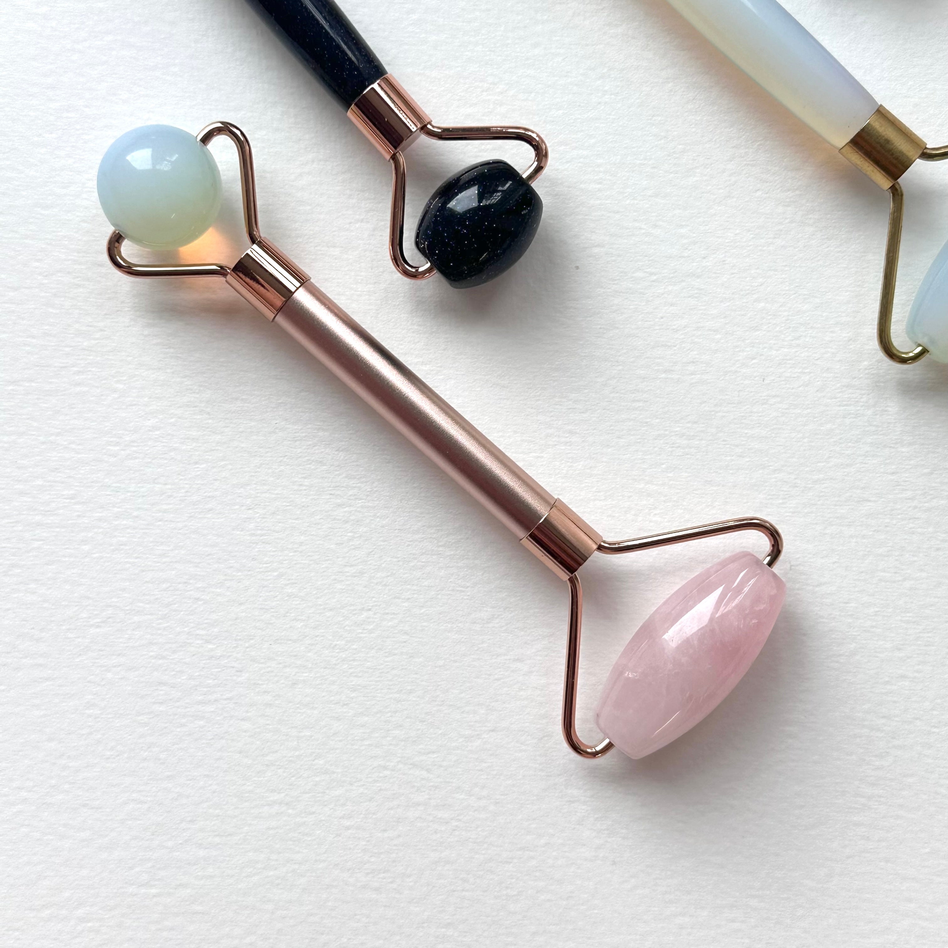 TS27 天然水晶雙頭鍍金按摩滾輪 面部身體按摩 舒緩肌肉緊繃 禮物