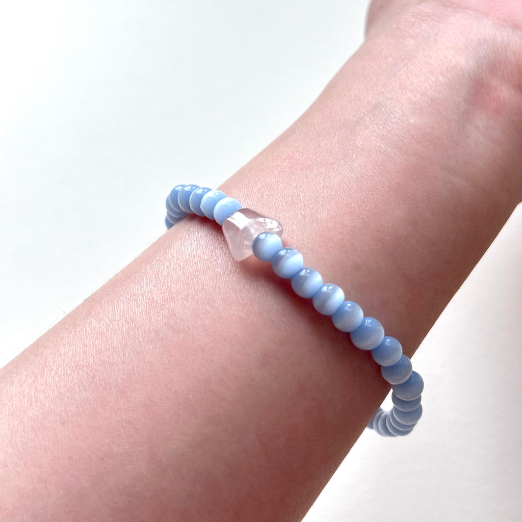 BS281 [Stone of Luck] Blue Cat's Eye Stone Ingot Rose Quartz Light Bracelet