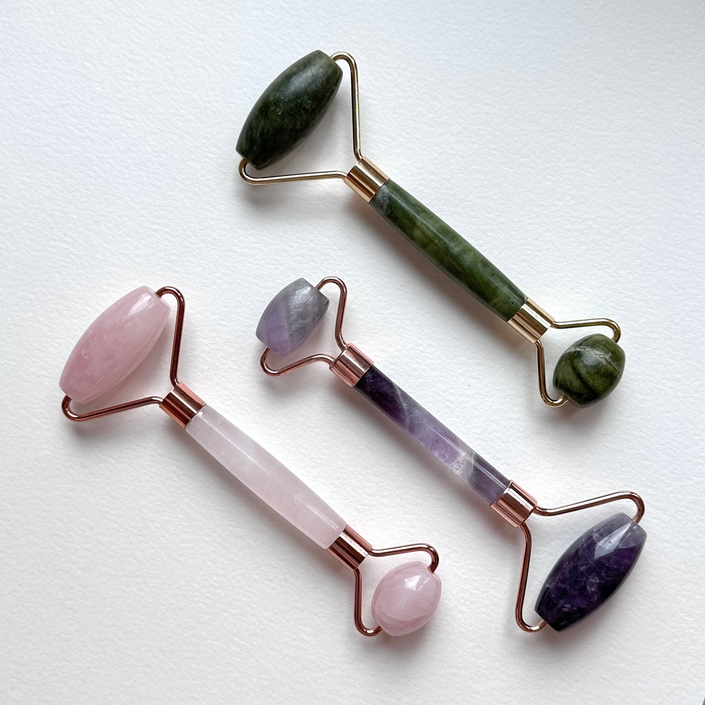 TS27 天然水晶雙頭鍍金按摩滾輪 面部身體按摩 舒緩肌肉緊繃 禮物