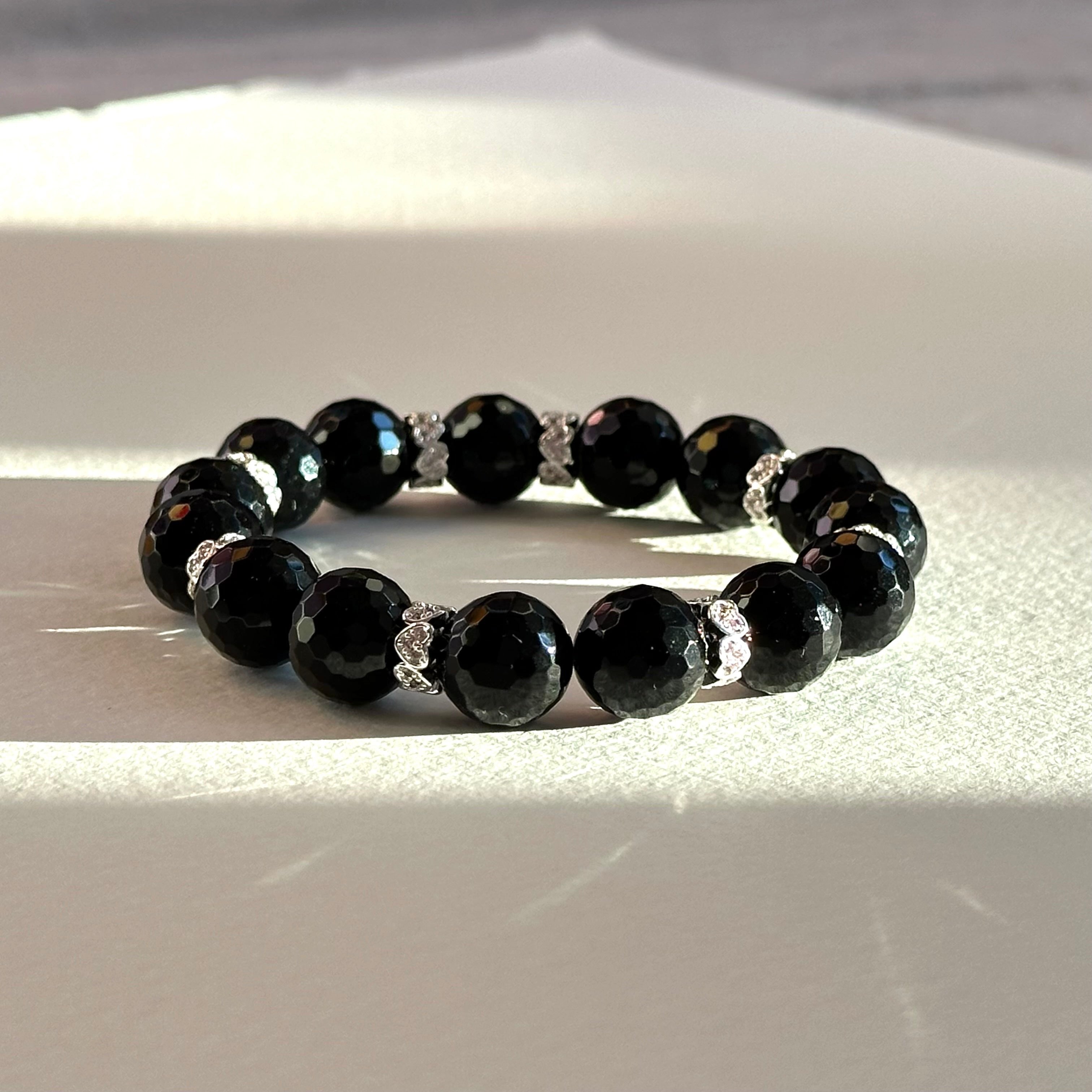 BS286【獅子處女座|8月】黑瑪瑙切角鍍銀手鏈手串