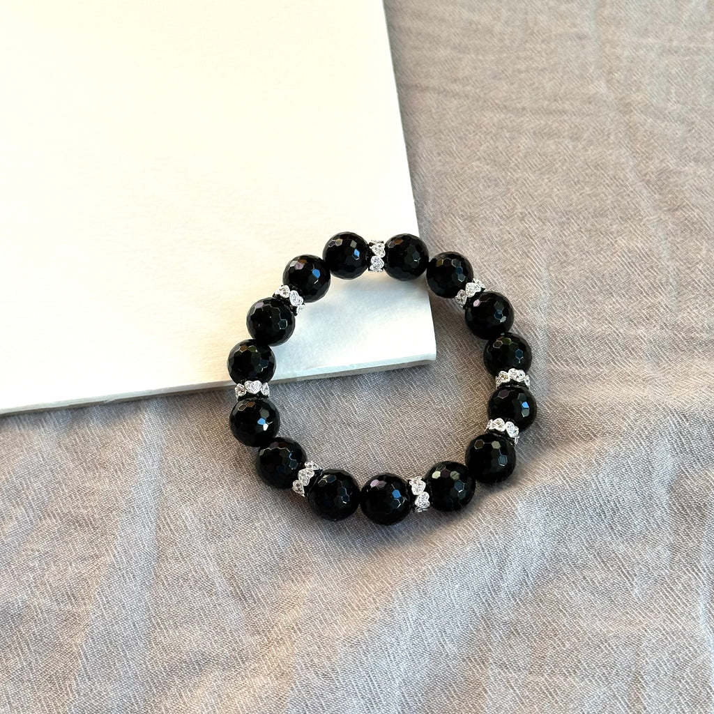 BS286【獅子處女座|8月】黑瑪瑙切角鍍銀手鏈手串