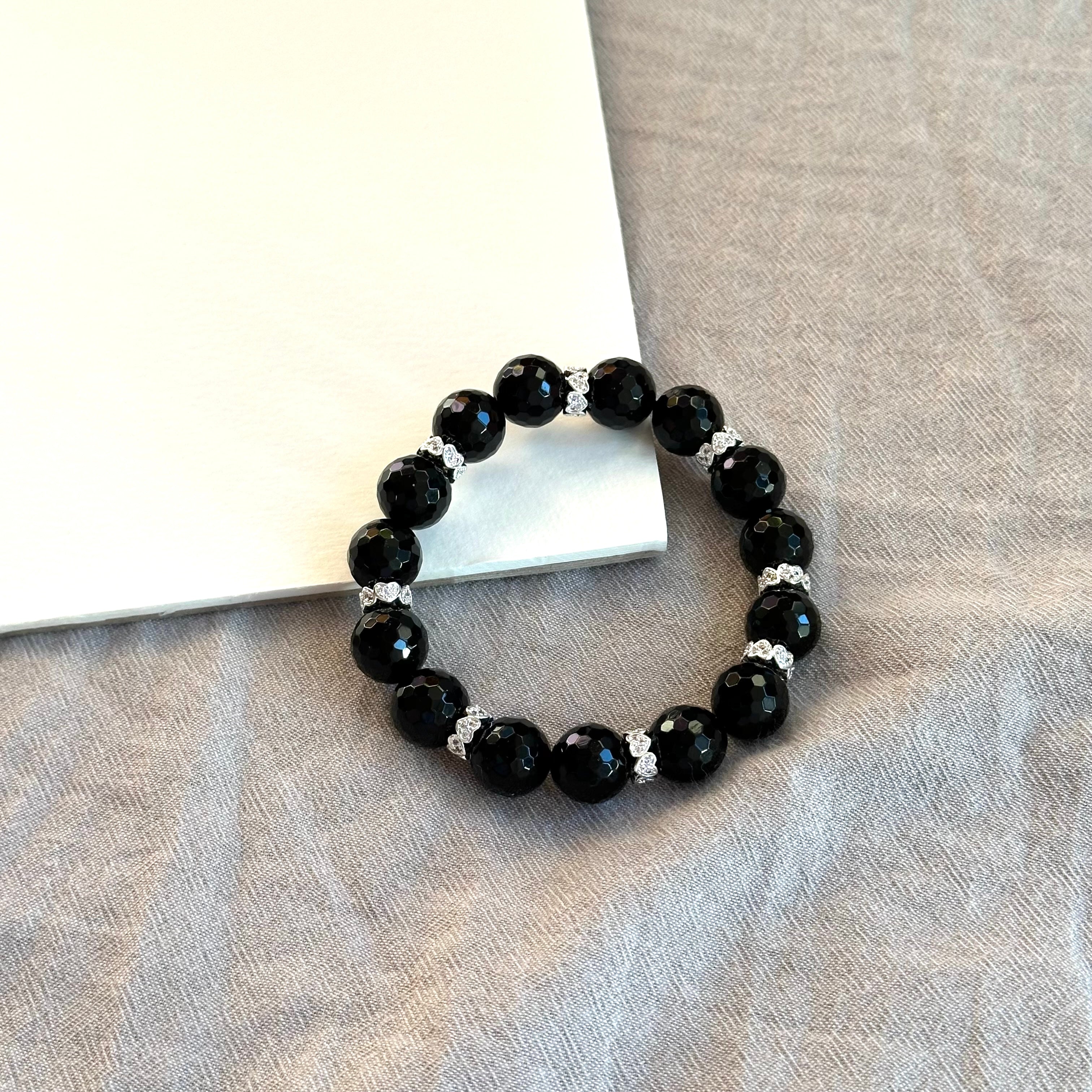 BS286【獅子處女座|8月】黑瑪瑙切角鍍銀手鏈手串