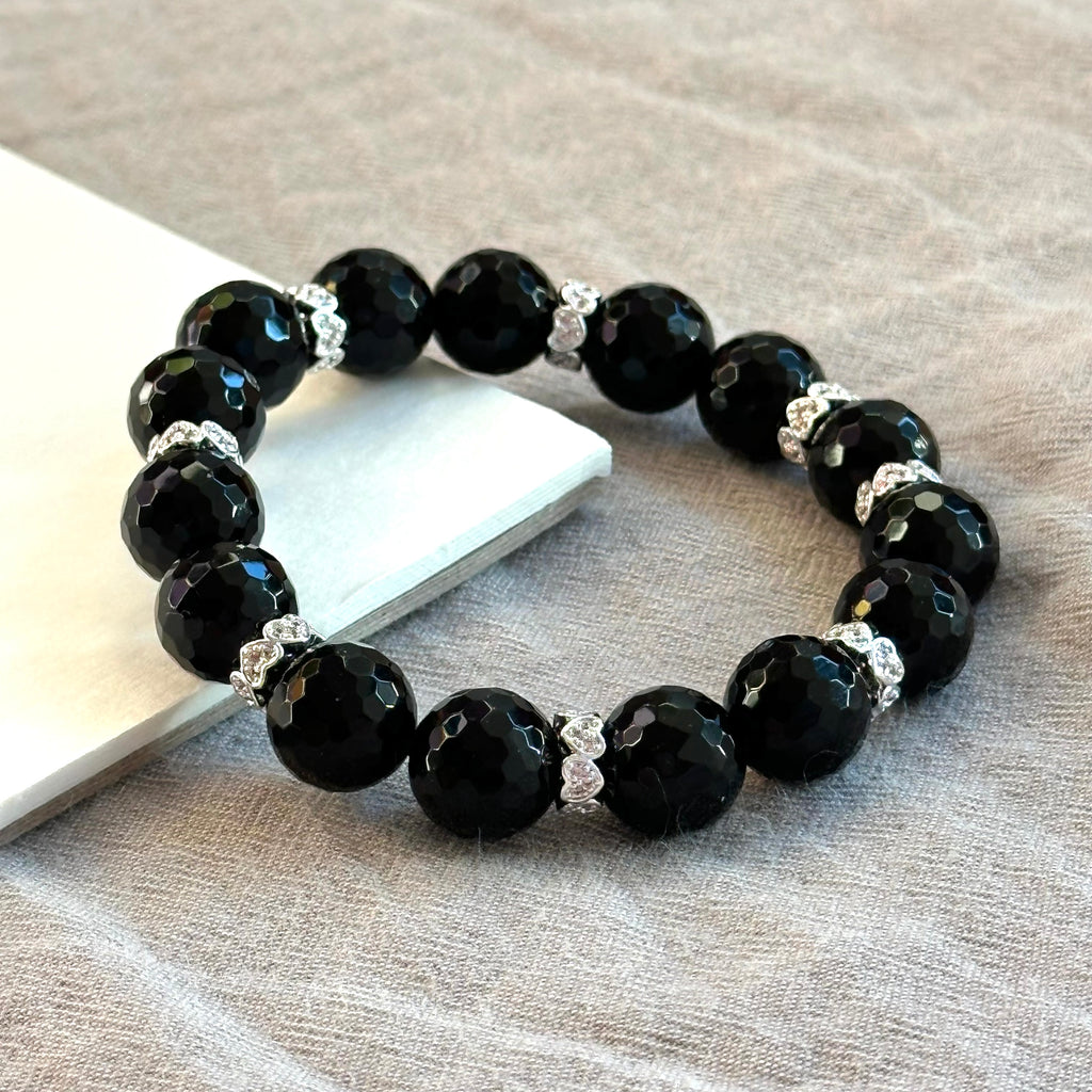 BS286【獅子處女座|8月】黑瑪瑙切角鍍銀手鏈手串