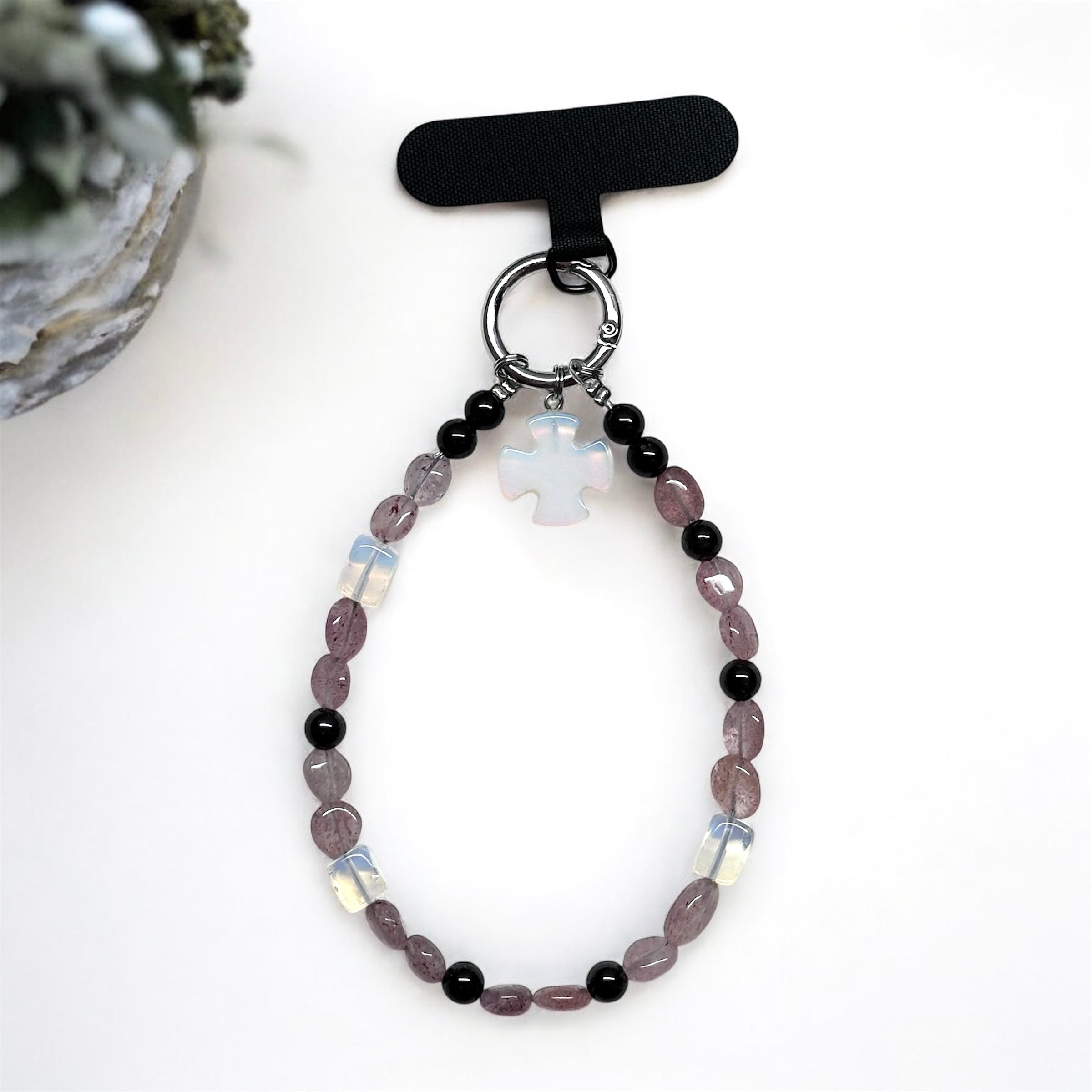 S11【寶石手機相機掛鏈掛繩】草莓晶｜石榴石｜蛋白石十字架掛繩吊繩