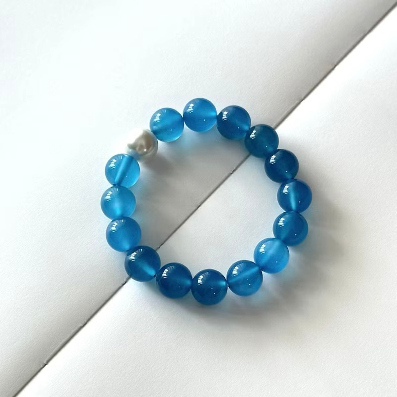 BS116【Blue World】Aquamarine Agate・Freshwater Pearl Bracelet Ocean